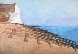 HILDA CARLINE (BRITISH 1889-1950), BEACH GROYNES WITH WHITE CLIFFS BEYOND