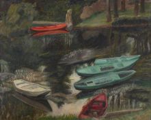 HILDA CARLINE (BRITISH 1889-1950), ROWING BOATS BY THE BANKS OF THE RIVER