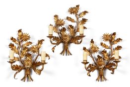 A TRIO OF GILT METAL TWIN BRANCH FLORAL MOTIF WALL LIGHTS, 20TH CENTURY