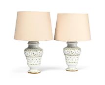 A PAIR OF LIMOGES LAMPS WITH NATURAL SHADES, 20TH CENTURY