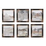 A SET OF SIX SILK EMBROIDERED PANELS WITH FAMOUS VIEWS OF JAPAN, MEIJI-TIASHO ERA