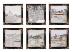 A SET OF SIX SILK EMBROIDERED PANELS WITH FAMOUS VIEWS OF JAPAN, MEIJI-TIASHO ERA