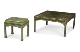 TWO GREEN PAINTED AND PARCEL GILT LOW TABLES, IN CHINESE STYLE, OF RECENT MANUFACTURE