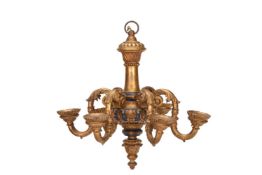 A SMALL GILTWOOD AND ROYAL BLUE PAINTED SIX LIGHT CHANDELIER POSSIBLY BY LENYGON & MORANT