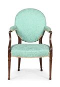 A MAHOGANY AND UPHOLSTERED OPEN ARMCHAIR, IN THE MANNER OF JOHN LINNELL, 19TH CENTURY