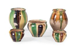 A GROUP OF FIVE GLAZED 'ANDUZE' TERRACOTTA POTS, CONTEMPORARY