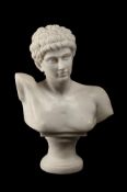 AFTER THE ANTIQUE, A WHITE MARBLE BUST OF HERMES, 20TH CENTURY