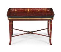A SCARLET LACQUER AND GILT CHINOISERIE DECORATED PAPIERMACHE TRAY ON STAND, 19TH CENTURY