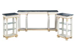 A SIMULATED MARBLE CREAM AND GILT PAINTED CONSOLE TABLE, OF RECENT MAUFACTURE