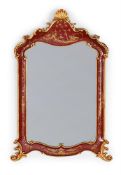 A RED CHINOSERIE AND PARCEL GILT WALL MIRROR, BY BRIGHTS OF NETTLEBED, 20TH CENTURY