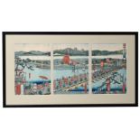 UTAGAWA SADAHIDE, LORD MINAMOTO YORIMOTO DEPARTS FOR OSHU PROVINCE, CIRCA 1864