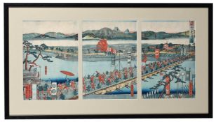 UTAGAWA SADAHIDE, LORD MINAMOTO YORIMOTO DEPARTS FOR OSHU PROVINCE, CIRCA 1864