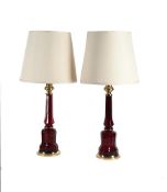 A PAIR OF LARGE CRANBERRY BOHEMIAN GLASS TABLE LAMPS, 20TH CENTURY