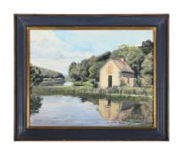 λ GUY LESTER (BRITISH 20TH CENTURY), RIVERSCAPE WITH COTTAGE