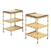 A PAIR OF CREAM PAINTED AND GILT METAL MOUNTED TWO TIER TABLES, OF RECENT MANUFACTURE