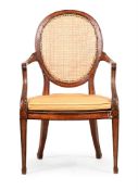 Y A GEORGE III MAHOGANY AND SATINWOOD CROSSBANDED OPEN ARMCHAIR, LATE 18TH CENTURY
