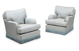 A PAIR OF UPHOLSTERED EASY ARMCHAIRS, 20TH CENTURY