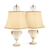 A PAIR OF CREAM AND GILT TOLE 'CHESTNUT URN' TABLE LAMPS, IN REGENCY STYLE, OF RECENT MANUFACTURE