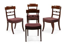 Y A SET OF FOUR REGENCY MAHOGANY AND BRASS INLAID DINING CHAIRS, CIRCA 1820