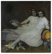 λ VINCENTE PUIG (SPANISH 1882-1965), TWO GIRLS IN WHITE WITH A FAN AND SMALL DOG