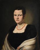 BRITISH SCHOOL (19TH CENTURY), PORTRAIT OF A LADY WITH A WHITE SHAWL AND RED NECKLACE