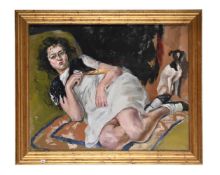 λ ADRIEND DUPAGNE (BELGIUM 1889-1980), PORTRAIT OF A YOUNG LADY RESTING BESIDE HER DOG