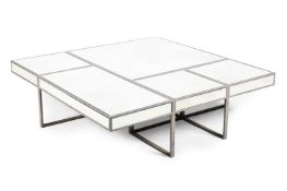 A SILVERED METAL AND MIRRORED LOW OR COFFEE TABLE, CONTEMPORARY