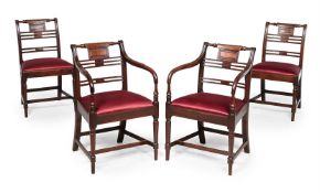 A PAIR OF SHERATON PERIOD MAHOGANY ARMCHAIRS AND A PAIR OF SIDE CHAIRS EN SUITE, CIRCA 1800