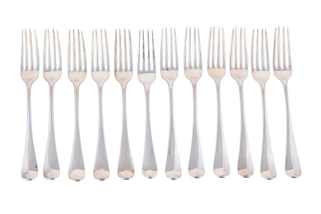 TWELVE GEORGE III SILVER HANOVERIAN PATTERN TABLE FORKS
