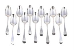 ELEVEN GEORGIAN SILVER OLD ENGLISH PATTERN TABLE SPOONS