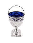 A GEORGE III SILVER SWING HANDLED PEDESTAL SUGAR BASKET