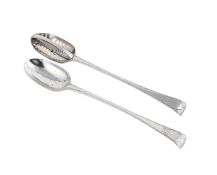 A GEORGE II SILVER OLD ENGLISH AND FEATHER EDGE PATTERN BASTING SPOON