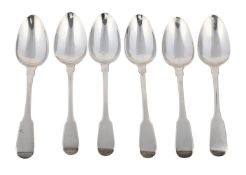 FIVE GEORGE IV SILVER FIDDLE PATTERN TABLE SPOONS