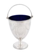 A GEORGE III SILVER SWING HANDLED PEDESTAL SUGAR BASKET