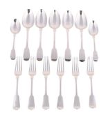 SIX GEORGE IV SILVER FIDDLE PATTERN TABLE FORKS, FIVE TABLE SPOONS AND TWO DESSERT SPOONS