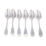 A SET OF SIX GEORGE IV IRISH SILVER FIDDLE PATTERN TABLE SPOONS