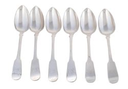 A SET OF SIX GEORGE IV IRISH SILVER FIDDLE PATTERN TABLE SPOONS