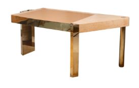A LEATHER, BRASS AND BURR MAPLE GEOMETRIC DESK, DESIGNED BY PETER MIKIC, MODERN