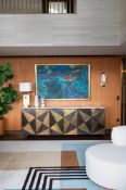 A WALNUT, PATINATED BRONZE AND MARBLE TOPPED SIDE CABINET, DESIGNED BY PETER MIKIC, MODERN