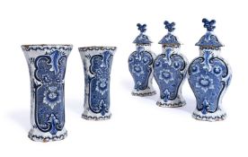 A GARNITURE OF FIVE DELFT VASES, DUTCH, DIE DRIE KLOKKEN, CIRCA 1740