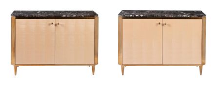A PAIR OF SYCAMORE, BRASS AND MARBLE TOPPED SIDE CABINETS, DESIGNED BY PETER MIKIC, MODERN