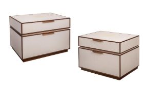 A PAIR OF WHITE CANVAS AND WALNUT EDGED BEDSIDE TABLES, MODERN
