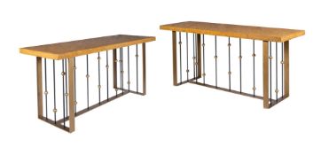 A PAIR OF BRASS AND MARBLE VENEERED SIDE TABLES, DESIGNED BY PETER MIKIC, MODERN