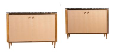 A PAIR OF SYCAMORE, BRASS AND MARBLE TOPPED SIDE CABINETS, DESIGNED BY PETER MIKIC, MODERN