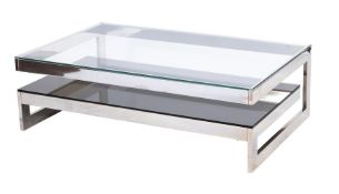 A GLASS AND METAL LOW CANTILEVER OCCASIONAL TABLE, DESIGNED BY PETER MIKIC, MODERN