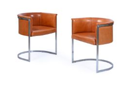 A PAIR OF BROWN LEATHER AND CHROMED METAL ARMCHAIRS, LATE 20TH OR EARLY 21ST CENTURY