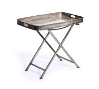 A SILVER PLATED BUTLERS TRAY AND FOLDING STAND, FIRST HALF 20TH CENTURY