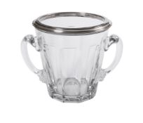 A GLASS AND SILVER DOUBLE HANDLED ICE BUCKET, PROBABLY FRENCH, SECOND HALF 20TH CENTURY