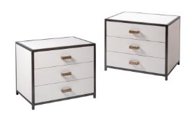 TWO WHITE LACQUERED AND EBONISED WOOD BEDSIDE TABLES, MODERN