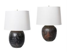 A PAIR OF BEATEN COPPER VASES FITTED AS LAMPS, NEPALESE, 19TH CENTURY AND LATER